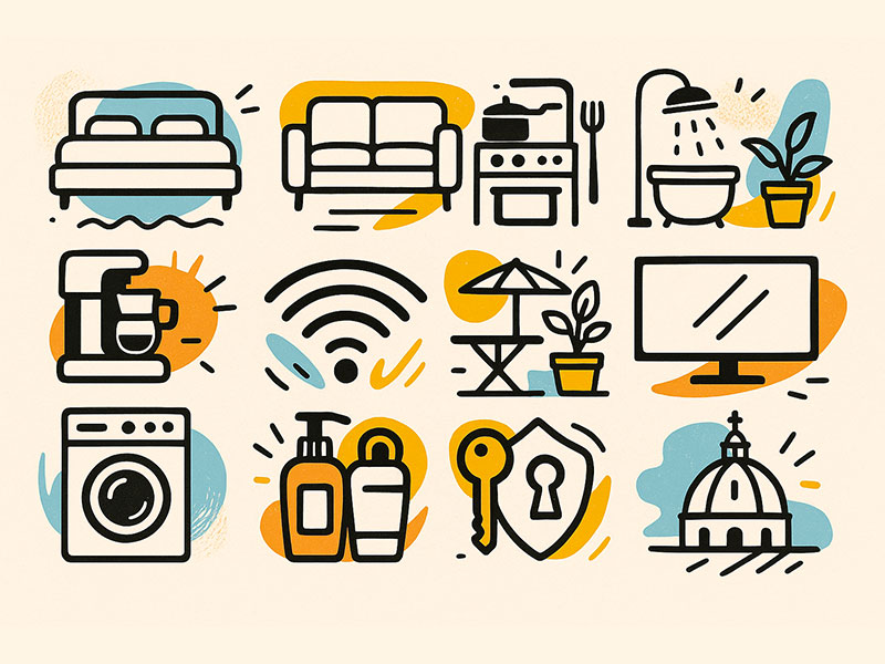 Icons representing amenities of a Vatican City Vacation Rental, including bed, kitchen, Wi-Fi, TV, terrace, and more in a creative flat-style illustration.